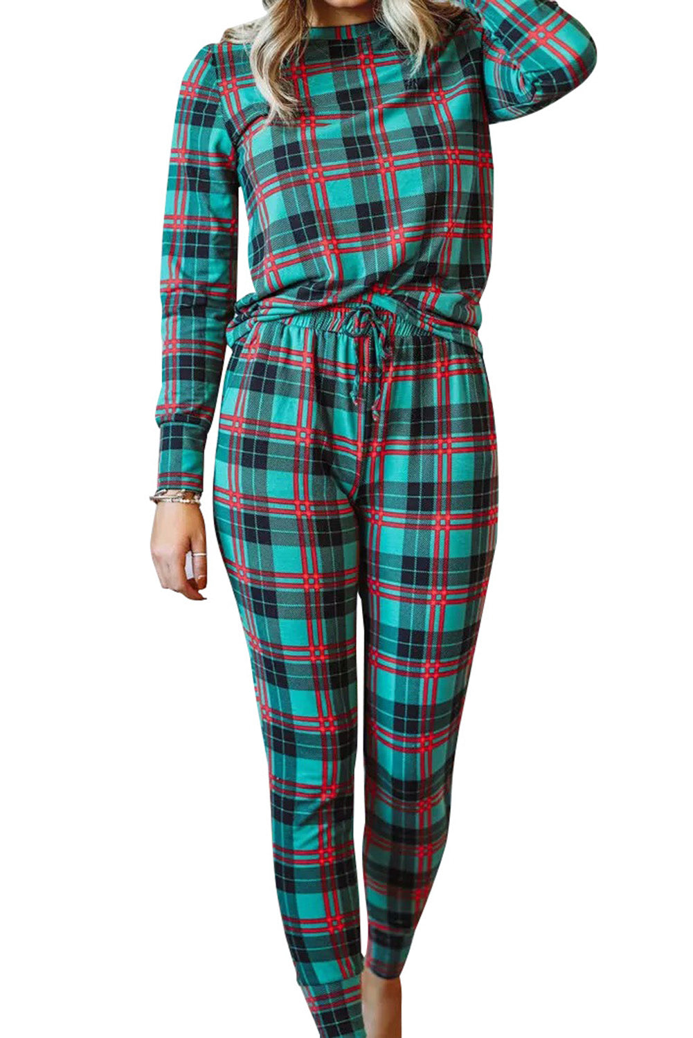 Green Plaid Print Long Sleeve Top and Drawstring Joggers Pajama Set