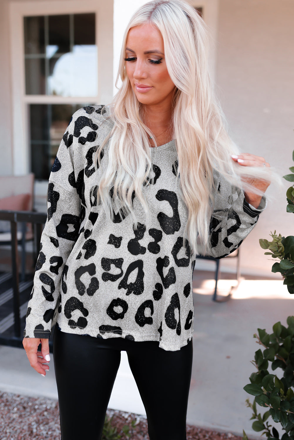 Gray Leopard Print Loose Fit Long Sleeve Top