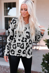 Gray Leopard Print Loose Fit Long Sleeve Top