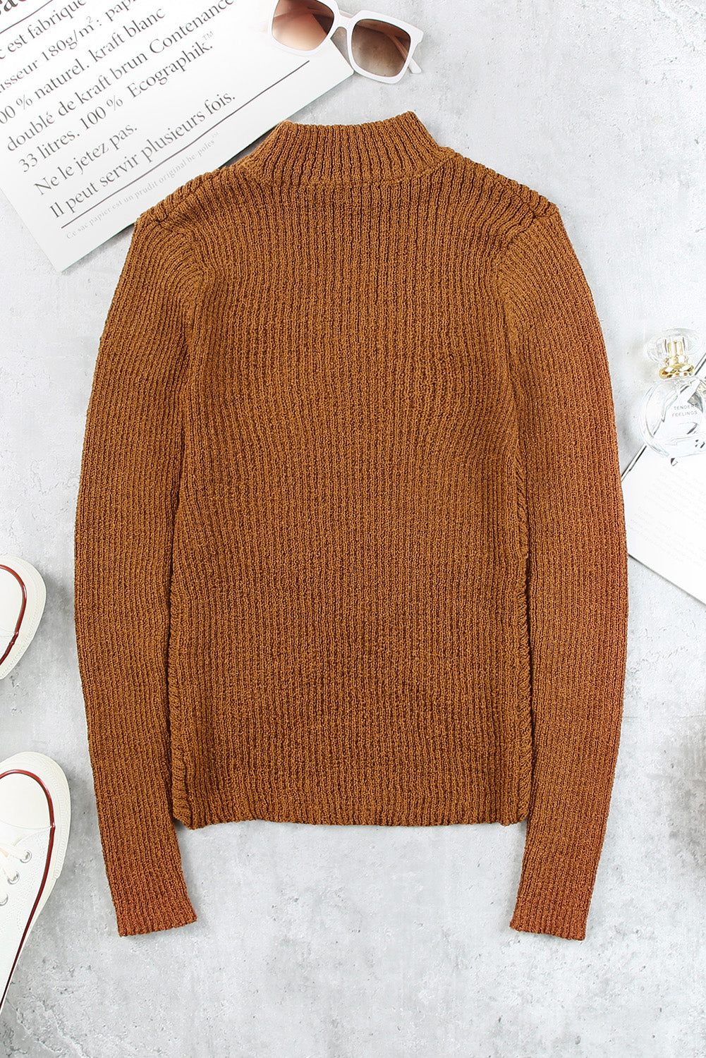 Khaki High Neck Hollow-out Crossed Wrap Knit Sweater