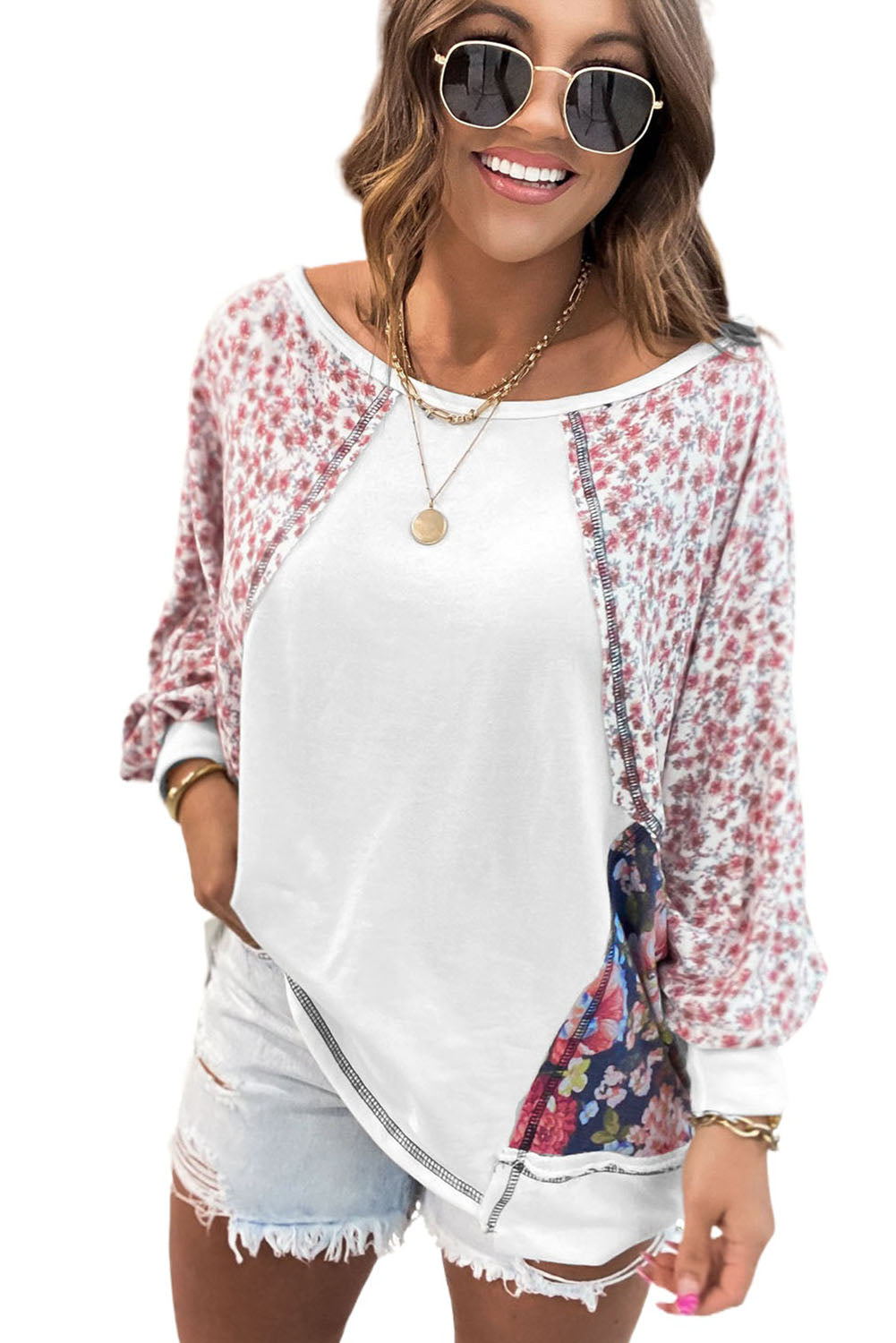 Multicolor Floral Print Patchwork Long Sleeve Top