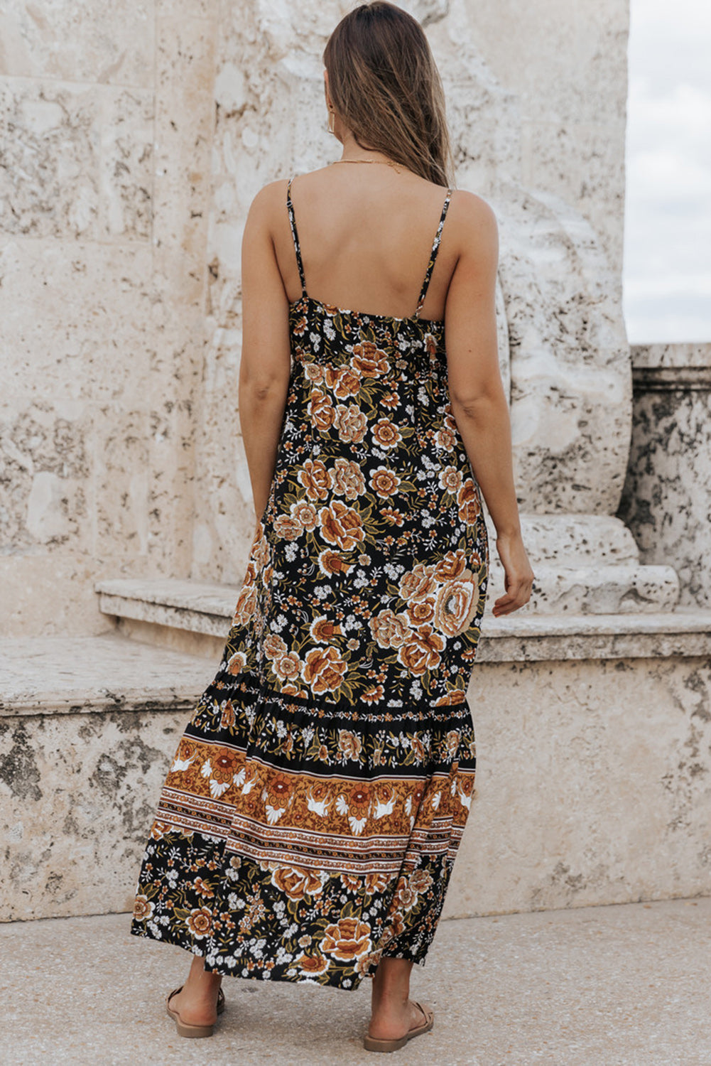 Black Retro Boho Floral Tassel Tie Maxi Dress