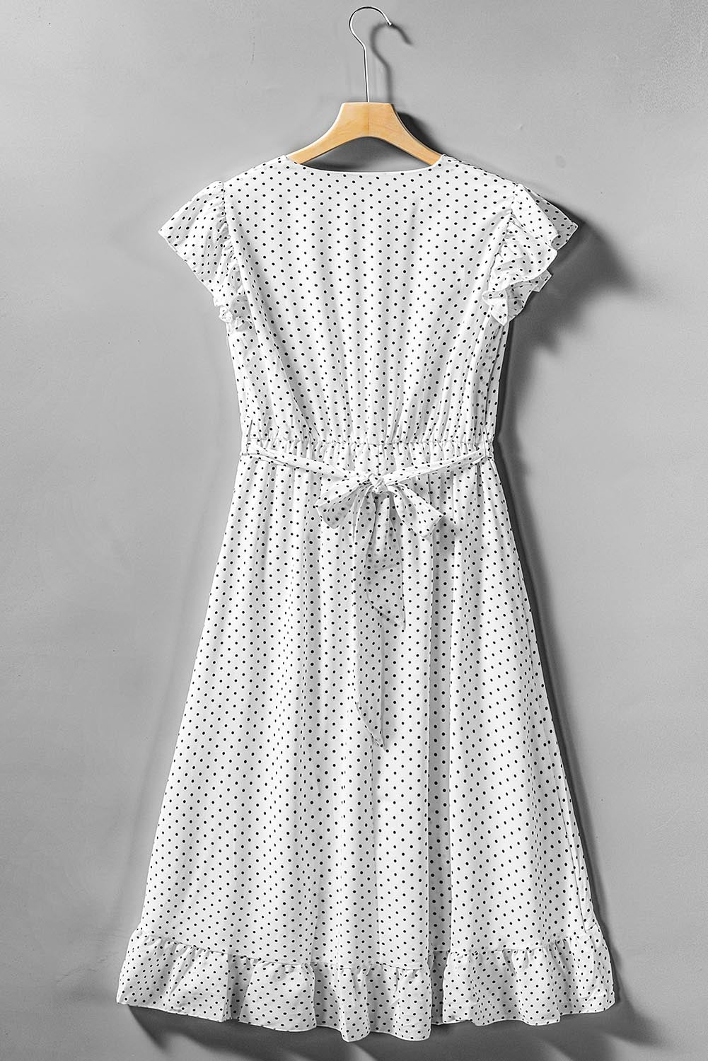 White Polka Dot V Neck Wrap Tie Ruffled Sleeve Midi Dress