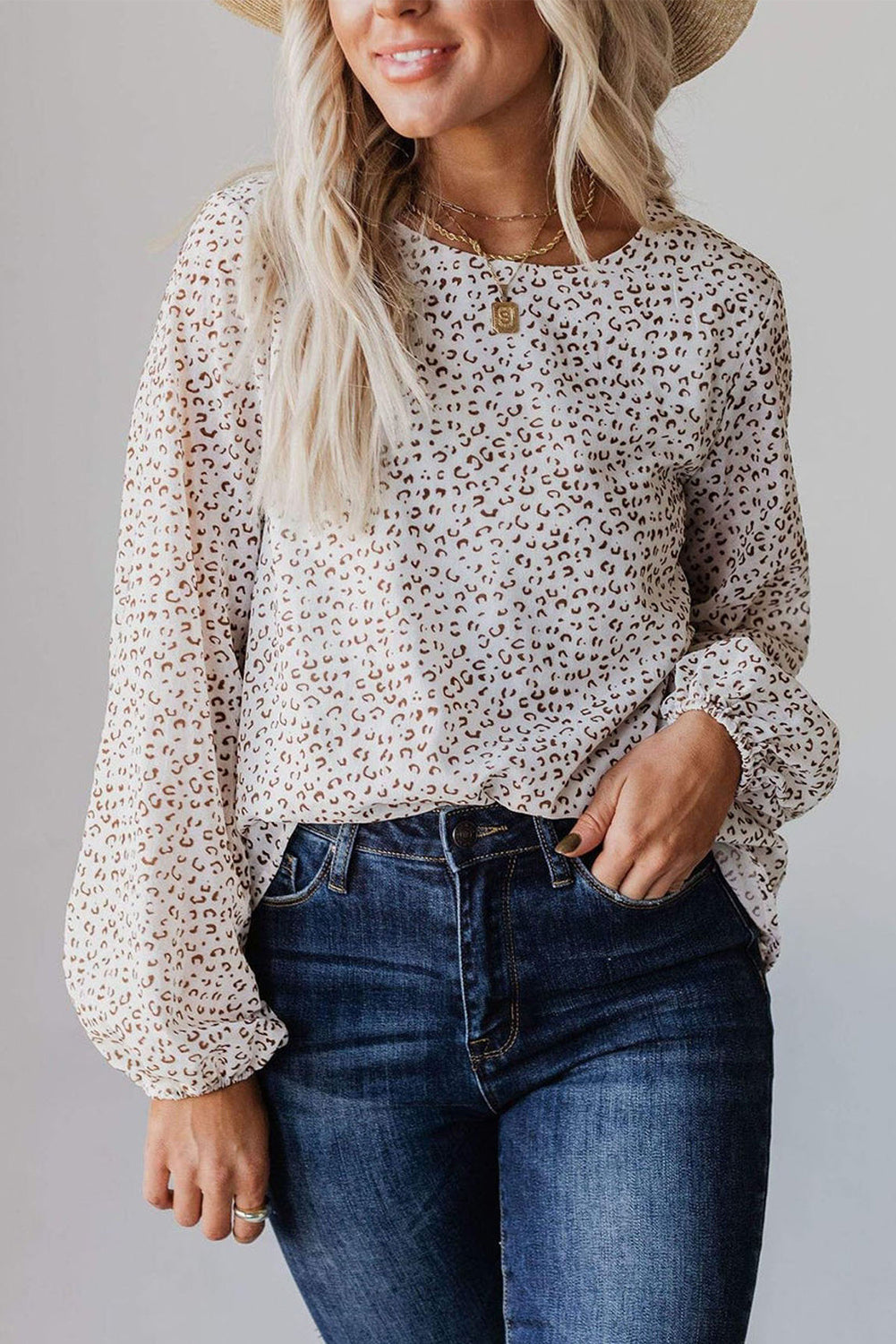 Leopard Crew Neck Long Sleeve Blouse