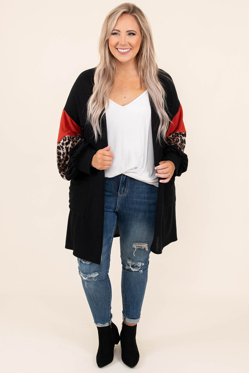 Black Leopard Color Block Sleeve Plus Size Cardigan