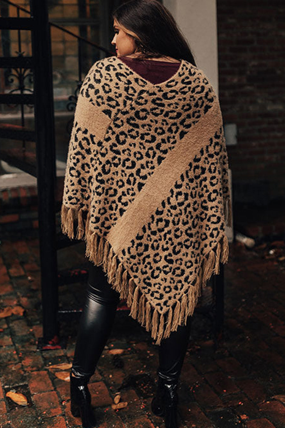 Leopard Plus Size Tasseled Hem Draped Poncho