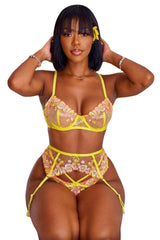 Yellow Floral Embroidered Strappy Three Pieces Lingerie Set