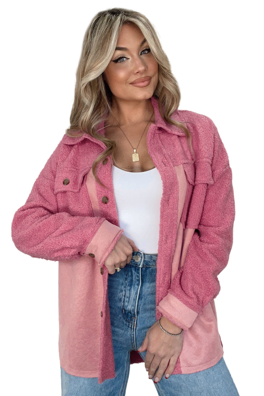 Pink Colorblock Buttoned Flap Pocket Sherpa Shacket