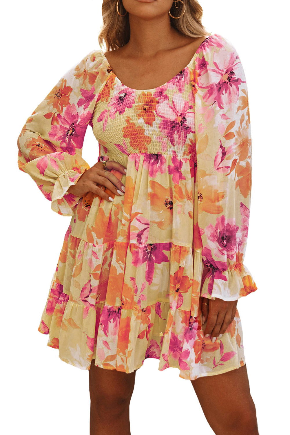 Yellow Square Neck Puffy Sleeve Tiered Floral Dress