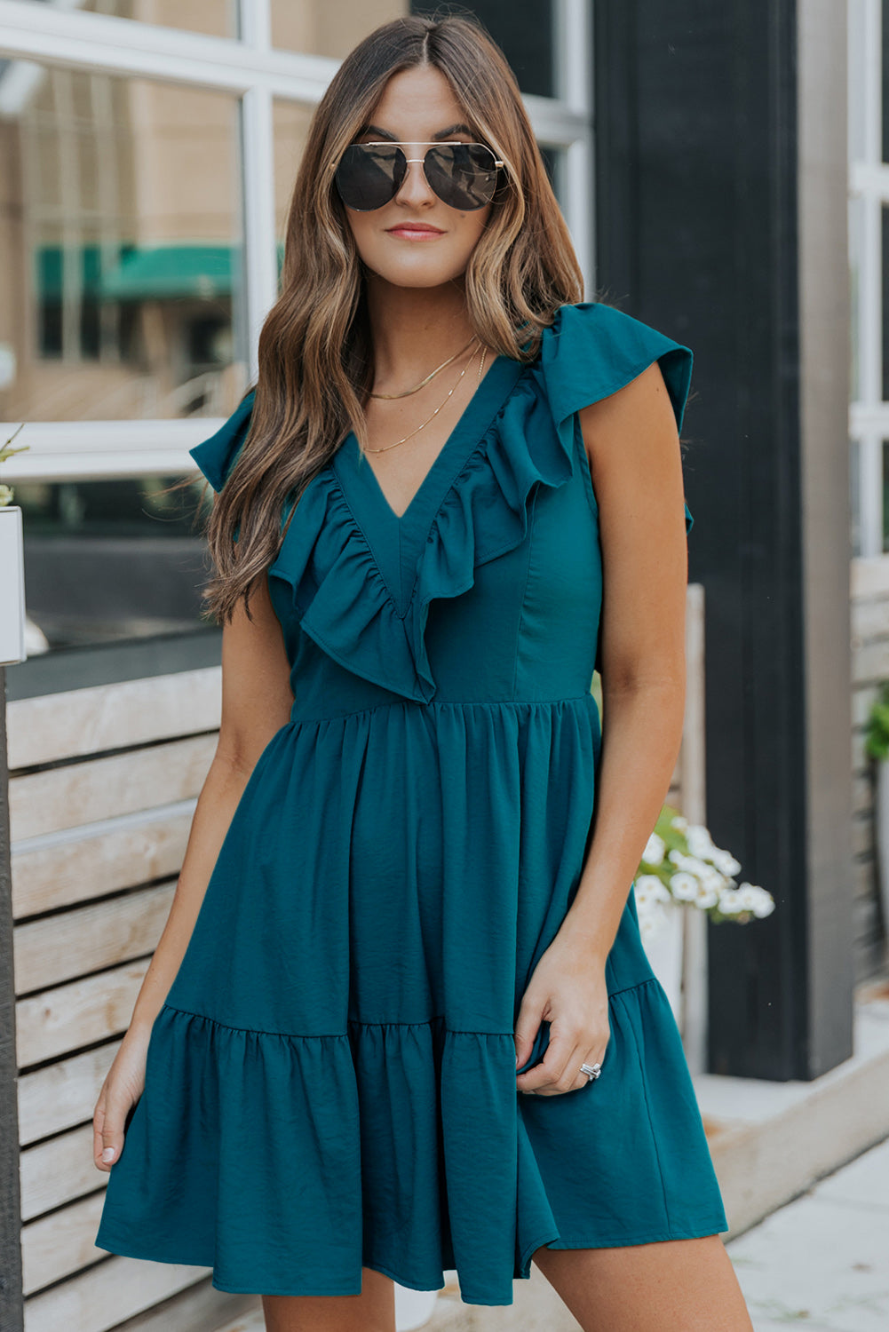 Blue Ruffle Trim V Neck Smocking Back Mini Dress