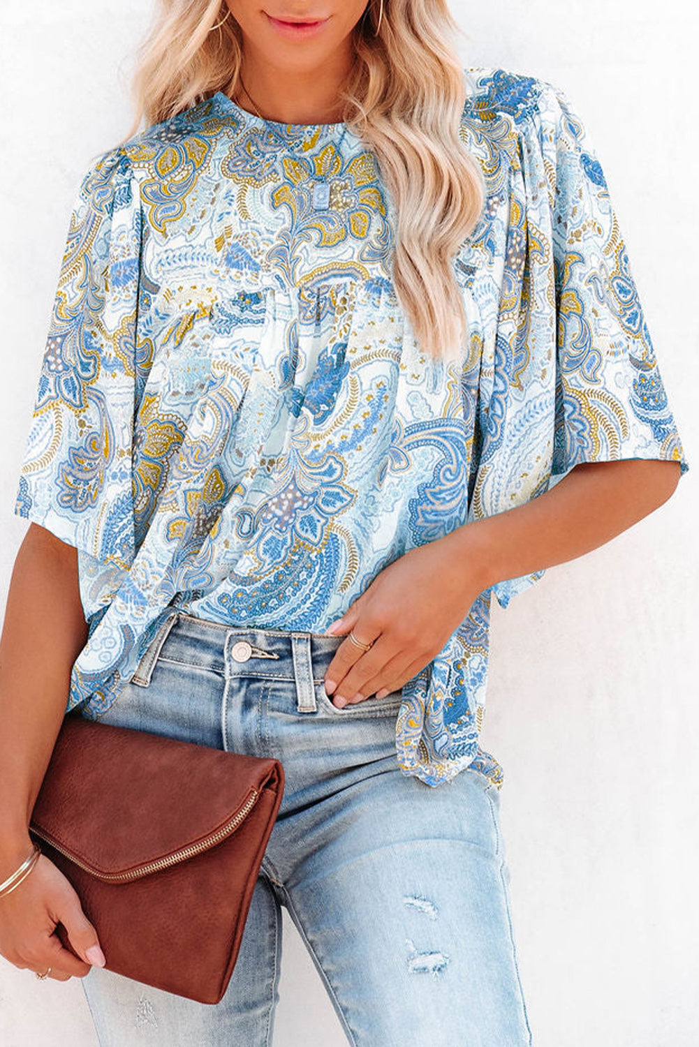 Multicolor Paisley Print Wide Sleeves Loose Blouse