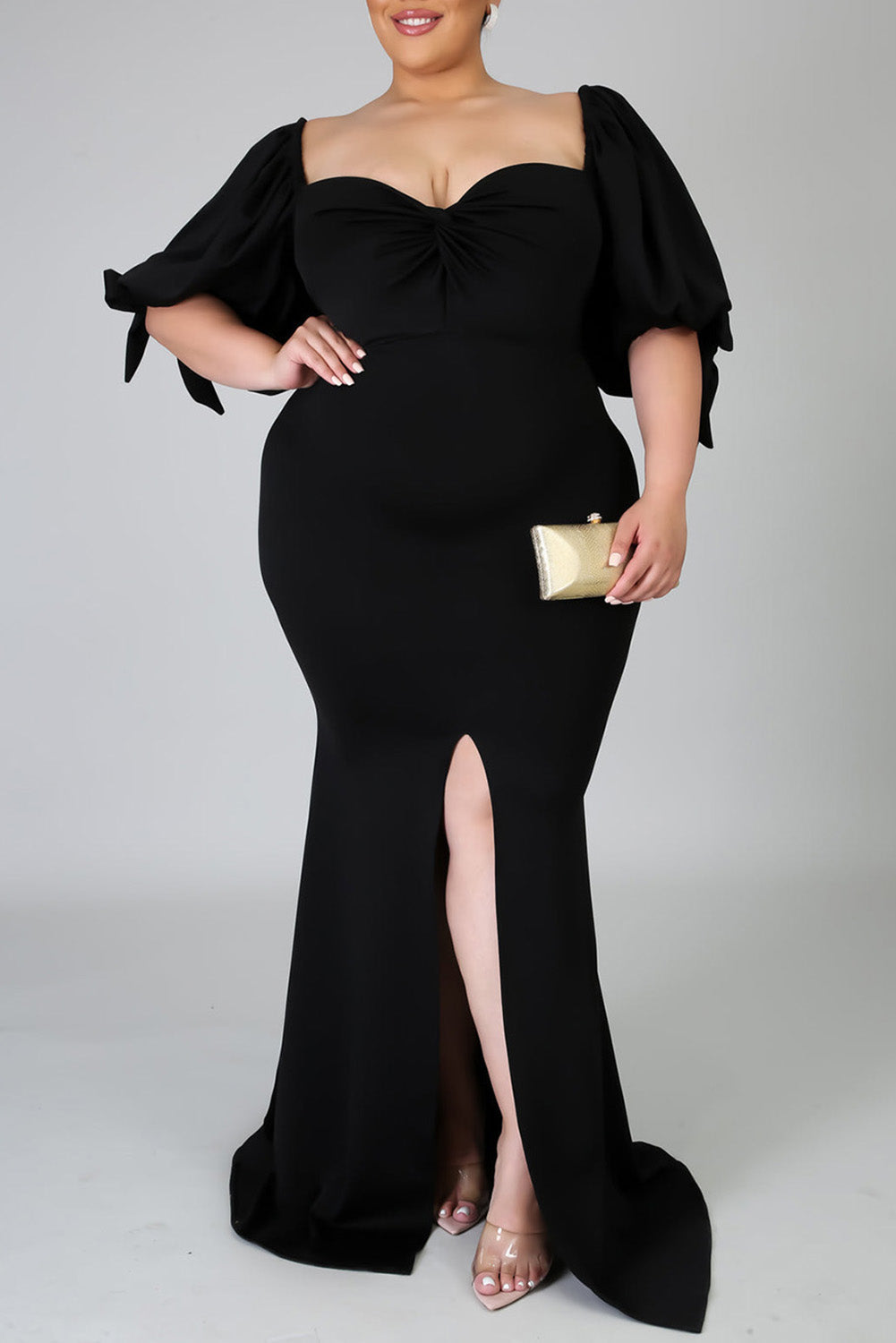 Black Bow Tie Puff Sleeve Plus Size High Slit Maxi Dress