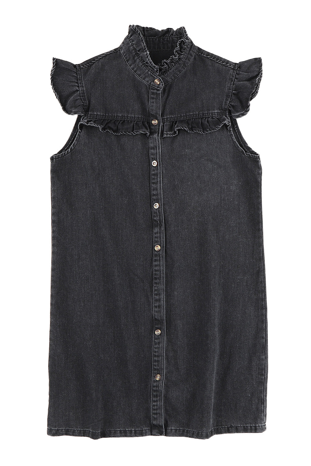 Black Ruffled Cap Sleeves Button Up Denim Dress
