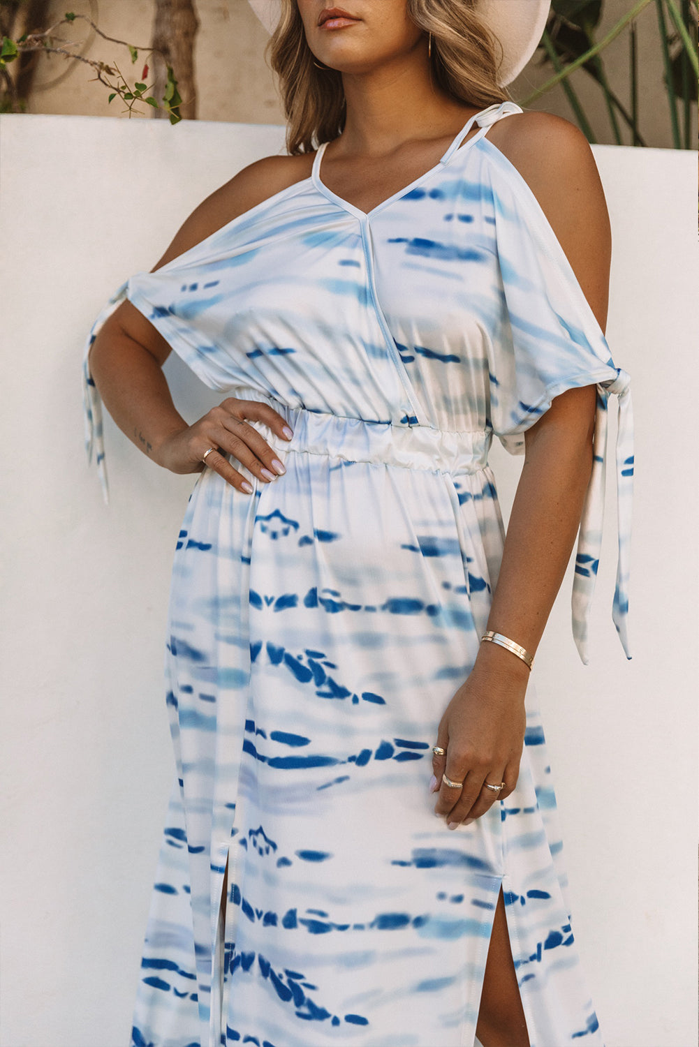 Sky Blue Cold Shoulder Tie-dye Maxi Dress with Slits