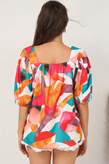 Multicolor Square Neck Abstract Print Short Sleeve Blouse