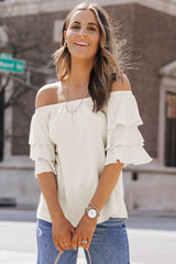 Apricot Tiered Ruffled Half Sleeve Off Shoulder Blouse