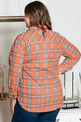 Orange Plus Size Plaid Pocketed Long Sleeve Shirt