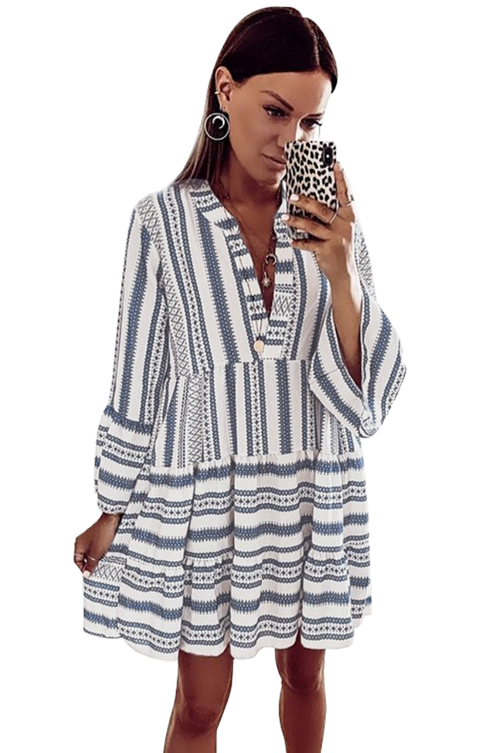 Blue Geometric Print V neck Flare Half Sleeve Ruffle Swing Mini Dress