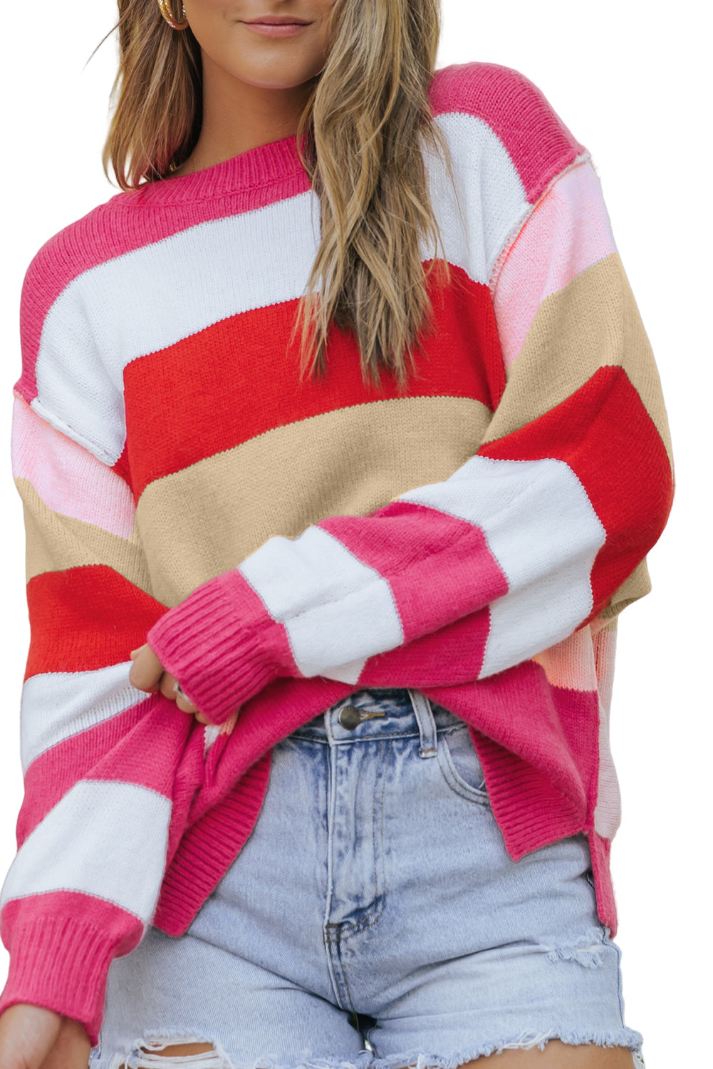 Red Mix Horizon Stripes Dolman Sleeve Sweater