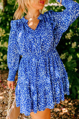 Blue Plus Size Spotted Print Split Neck Ruffle Mini Dress