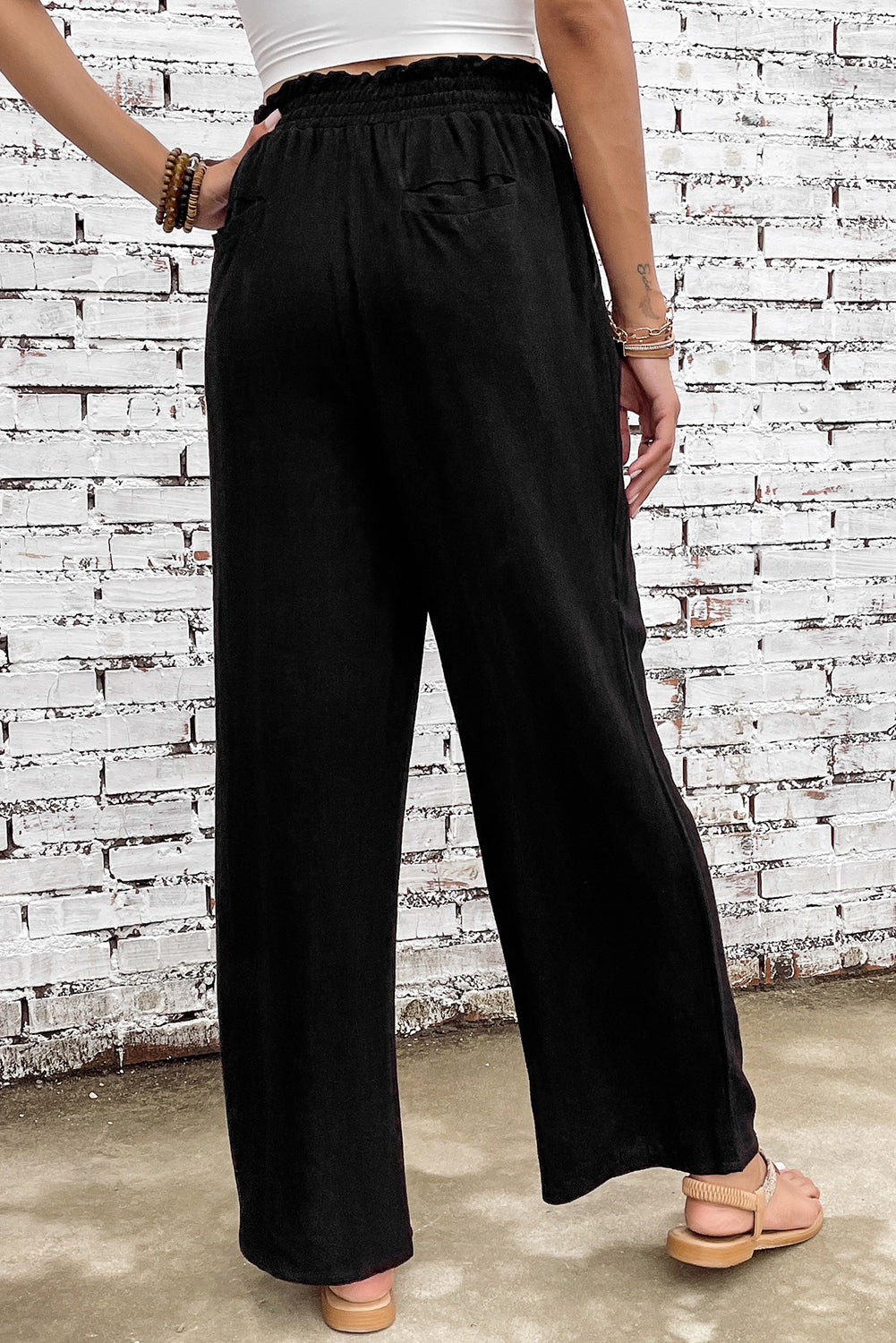 Black Wide Leg Elastic Waist Casual Pants with Pockets