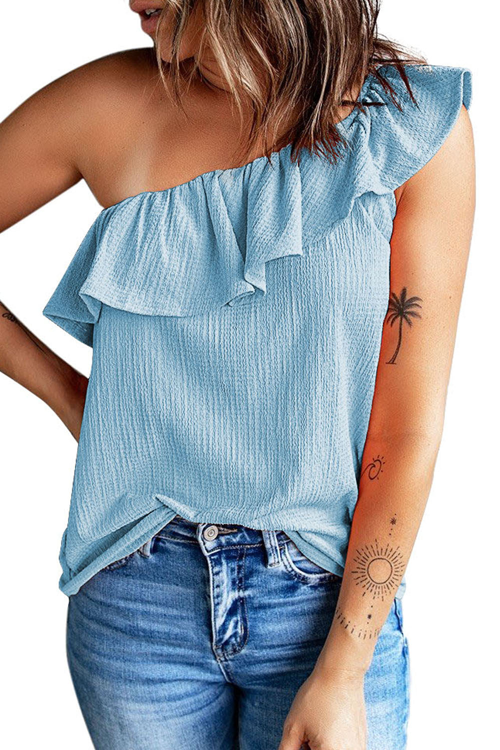 Sky Blue Ruffle One Shoulder Crinkle Tank