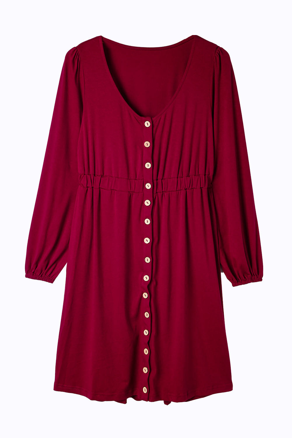 Red Button Up High Waist Long Sleeve Dress