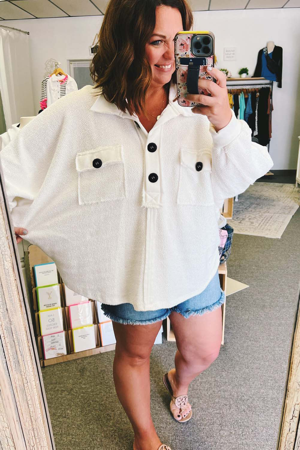 White Plus Size Long Sleeve Flap Pocket Henley Top