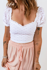 White Lace Crochet Puff Sleeves Crop Top