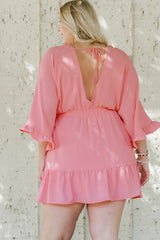 Pink Ruffled Knotted Open Back Wrap V Neck Plus Size Dress