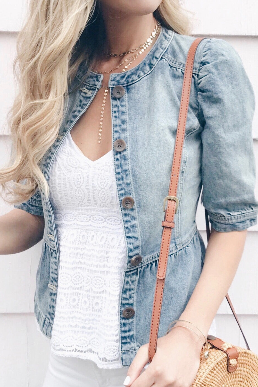 Sky Blue Half Sleeves Peplum Denim Jacket