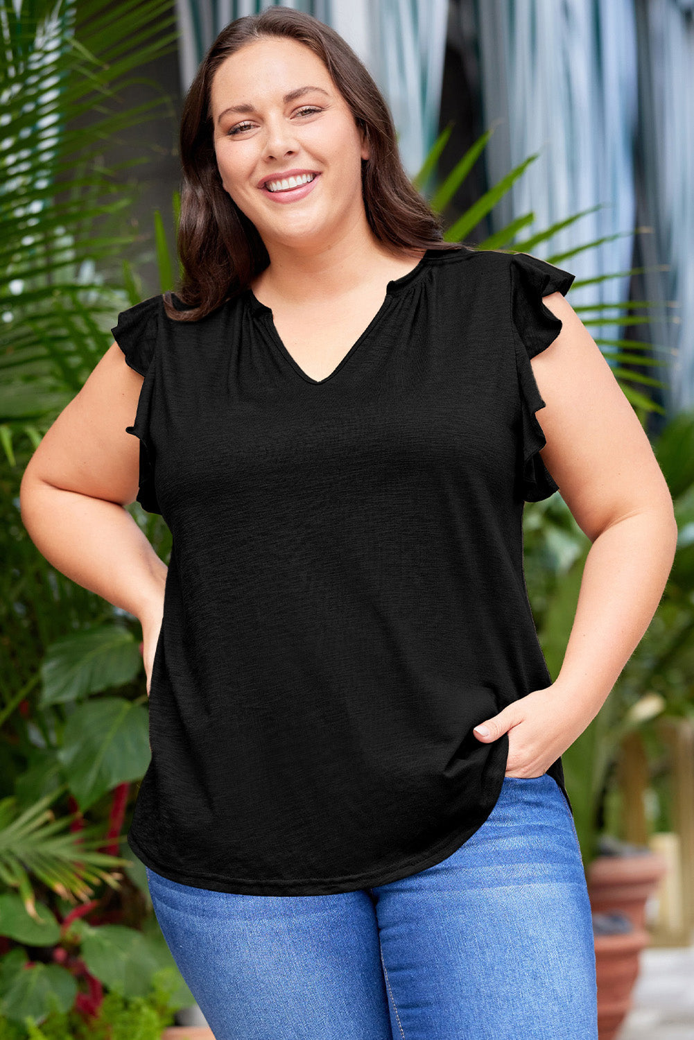 Black V Neck Ruffle Sleeve Plus Size Top