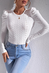 White Jacquard Textured Puff Sleeve O-Neck Top