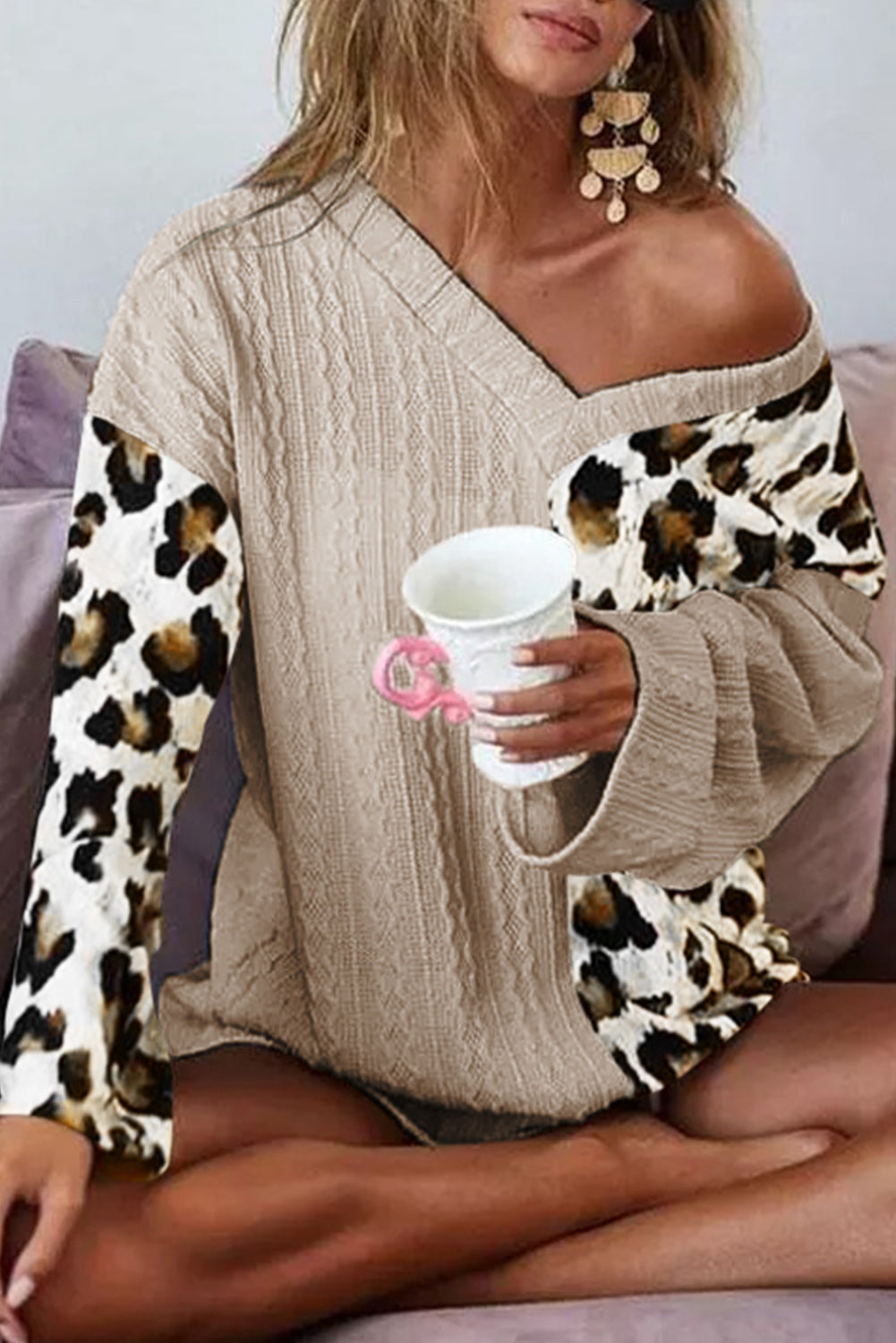 Khaki Asymmetric Leopard Patchwork Wide Sleeve V Neck Sweater