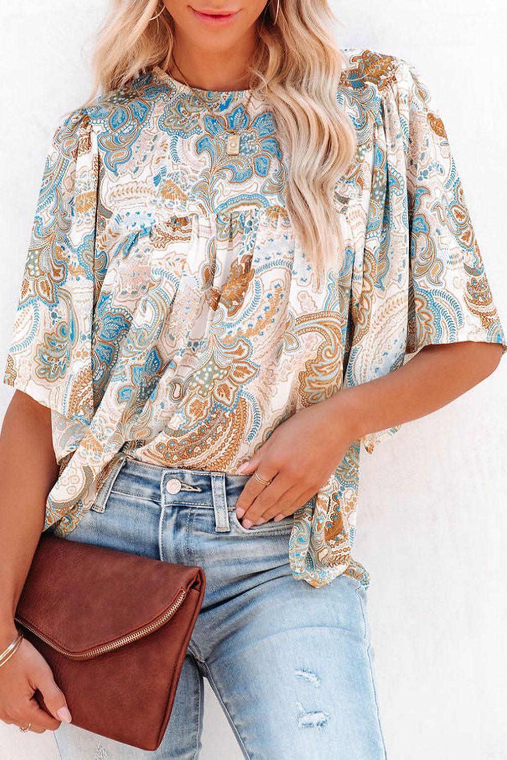 Multicolor Paisley Print Wide Sleeves Loose Blouse