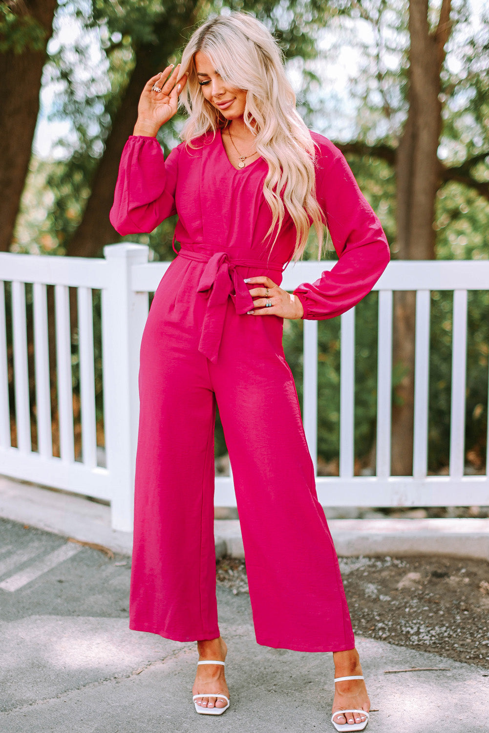 Rose Bishop Sleeve Belted Wide Leg Jumpsuit