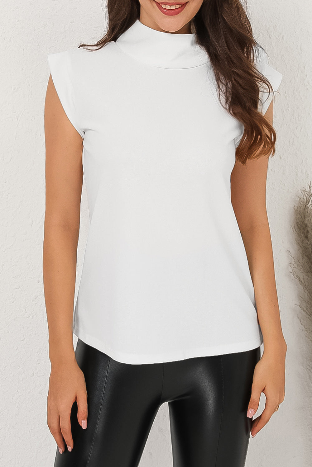 White Solid Color Mock Neck Sleeveless Top