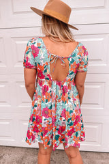 Multicolor Floral Print Tie Back Short Sleeve Dress