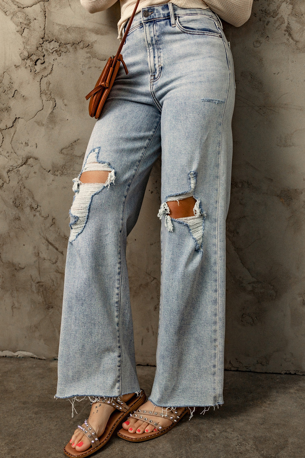 Sky Blue Distressed Frayed Hem Holed Straight Leg Loose Jeans