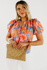 Multicolor Floral Bubble Sleeve V-Neck Plus Size Blouse