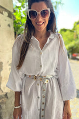 White Textured Turn Down Collar Long Shirt Dress