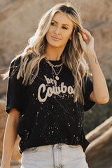 Black Hey Cowboy Vintage Splashed T Shirt