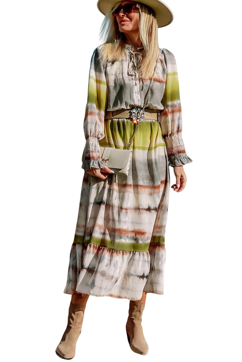 Multicolor Lace Up Tie-dye Print Long Shirt Dress