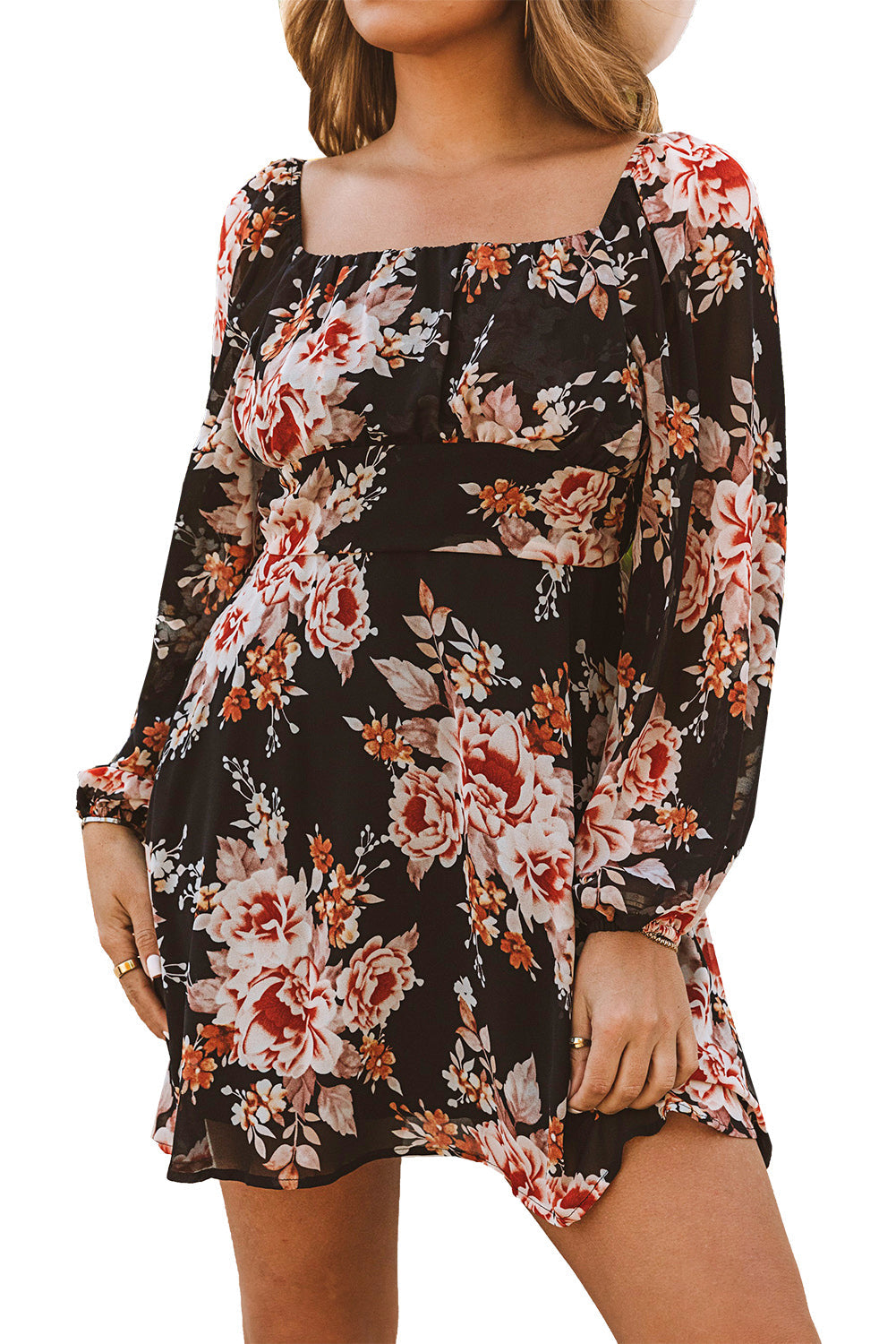 Black Floral Print Tie Back Mini Dress
