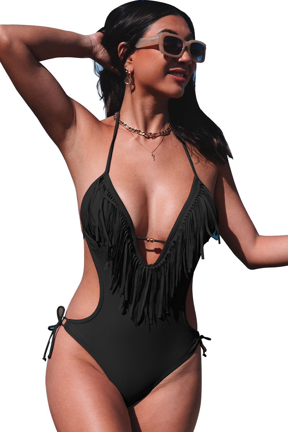 Black Halter Tassel Backless One-piece Swimwear