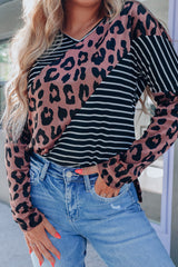 Black Leopard And Striped Color Block Top