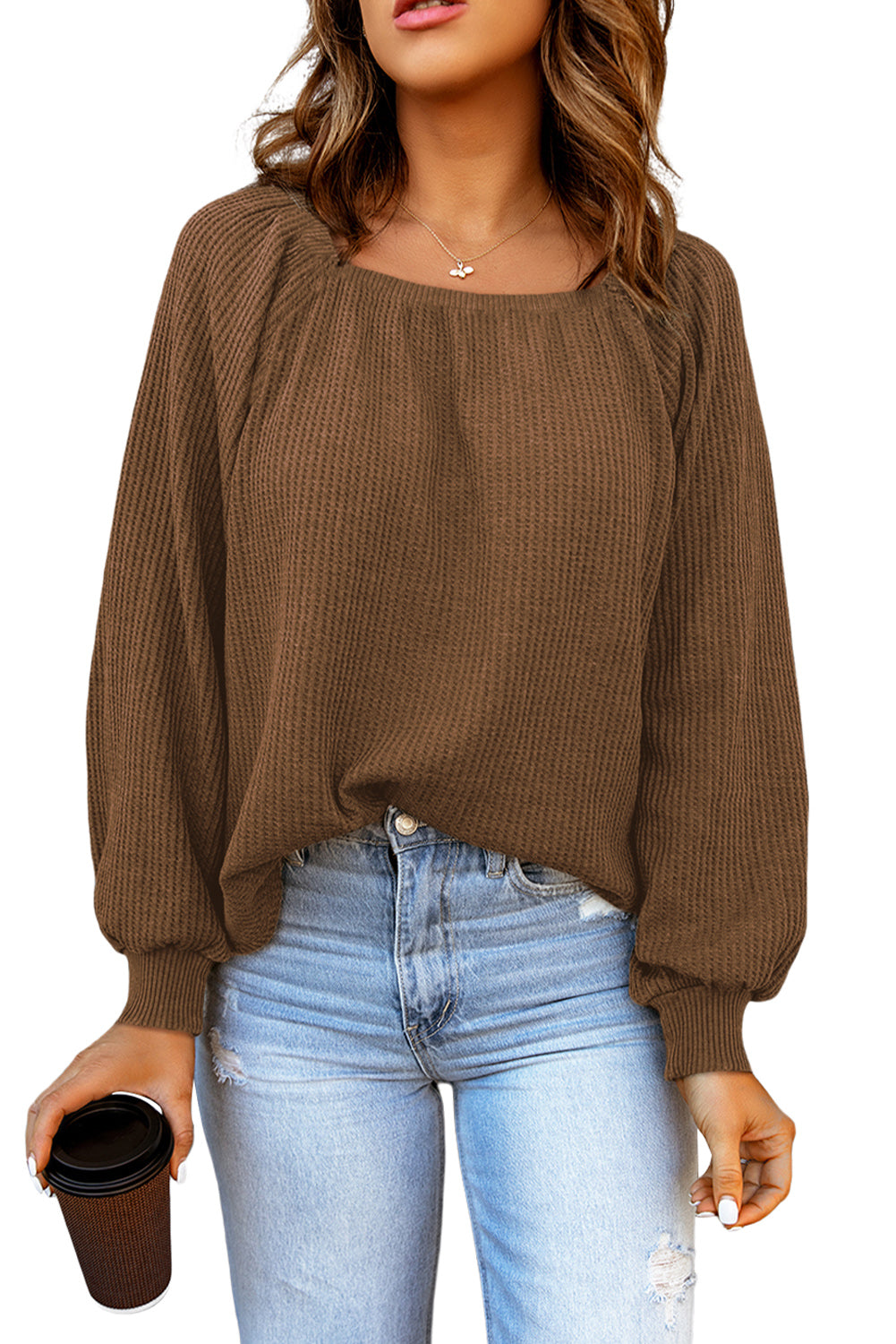 Square Neck Puff Sleeve Waffle Knit Top