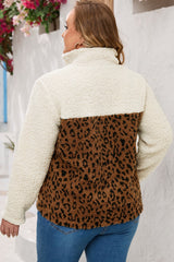 Leopard Plus Size Leopard Colorblock Zipped Sherpa Pullover