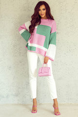 Pink Colorblock Drop Shoulder Bell Sleeve Sweater