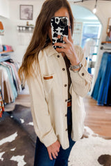 Beige Corduroy Buttoned Front Pocketed Shacket